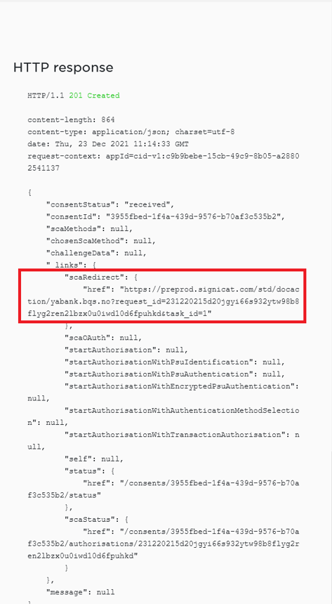 Create consent SCA link in response body